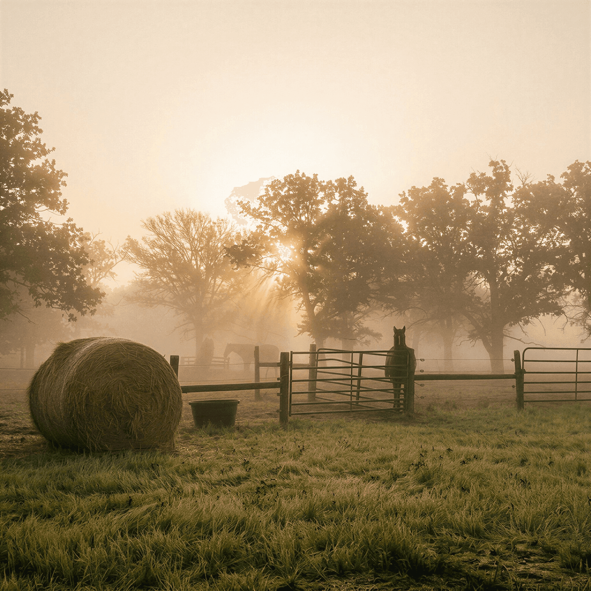 Morning mist and low sun through the oaks, with a horse standing at the gate
