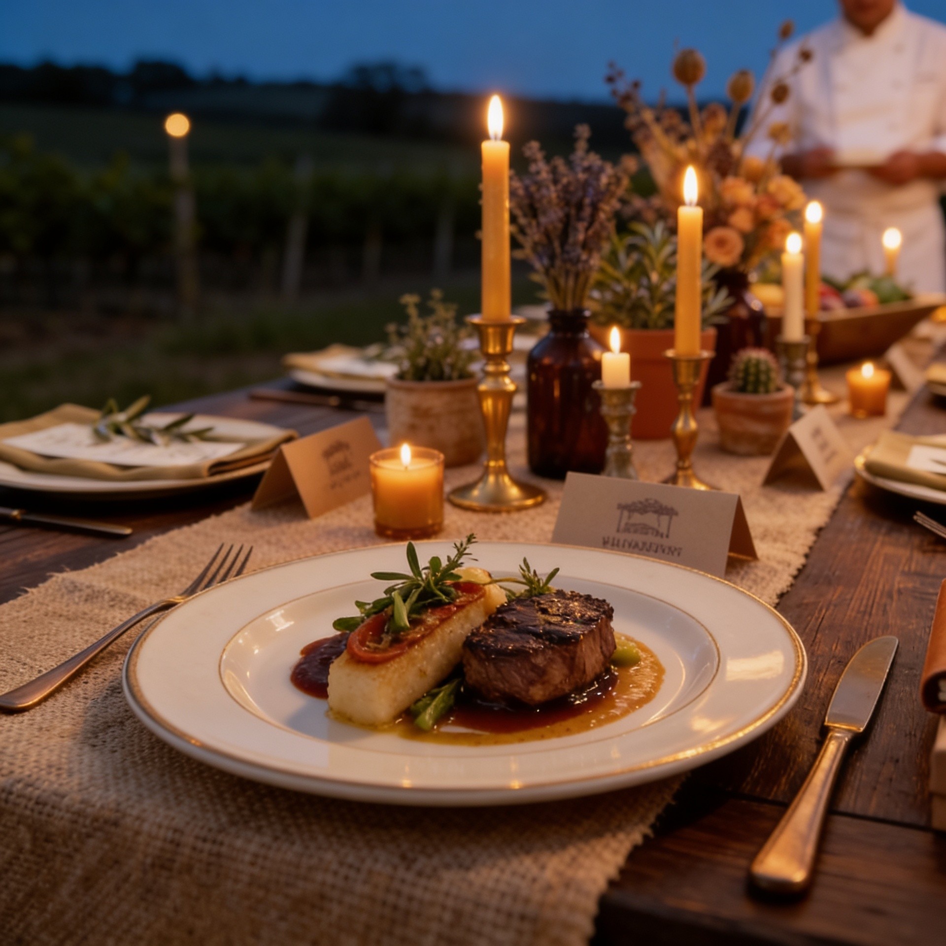 A plated chef-prepared course on a candlelit farm table
