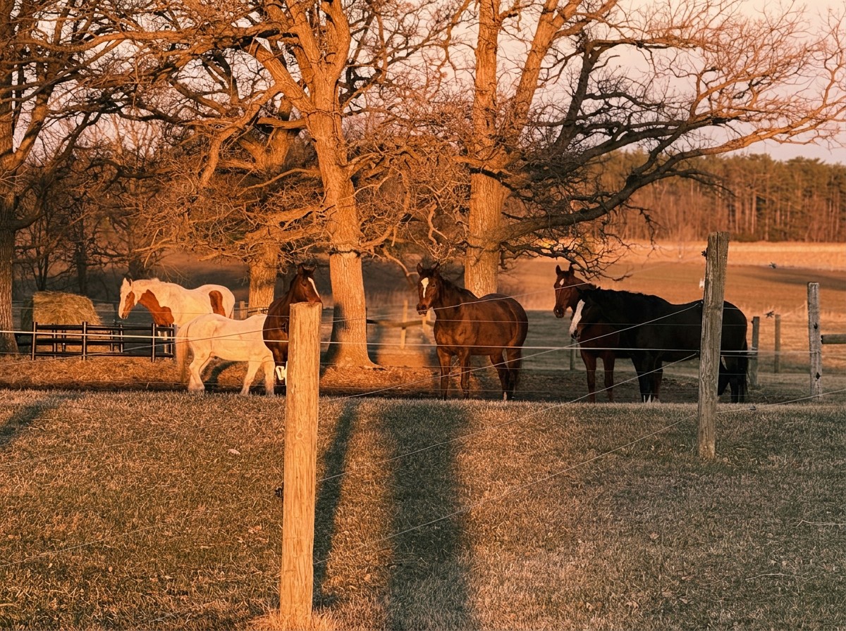 Horses gathered along a paddock fence in late afternoon light
