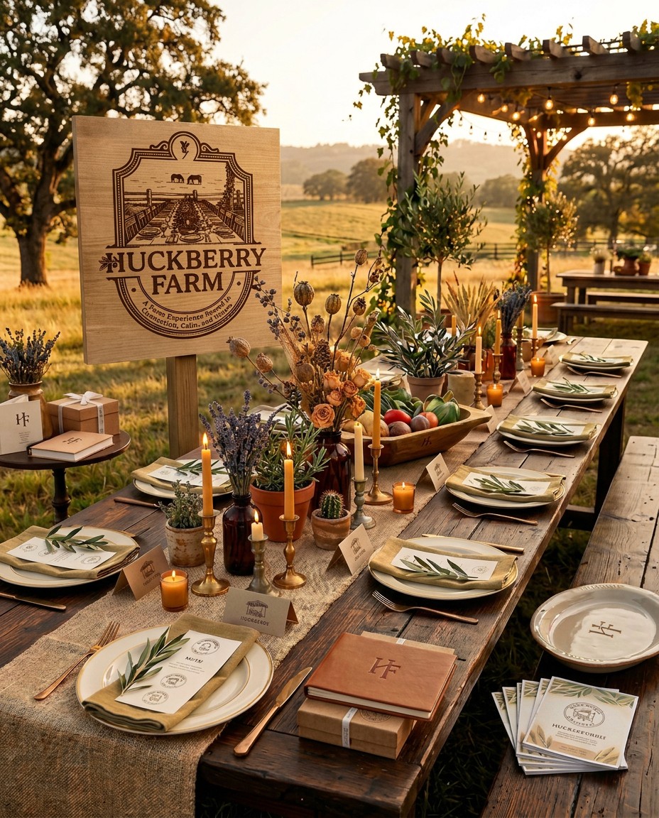 A long farm table set for dinner at golden hour, with candles, dried florals and a carved Huckberry Farm sign