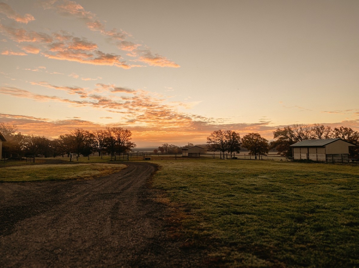 The drive into Huckberry Farm at sunrise, with pasture and outbuildings under a wide sky